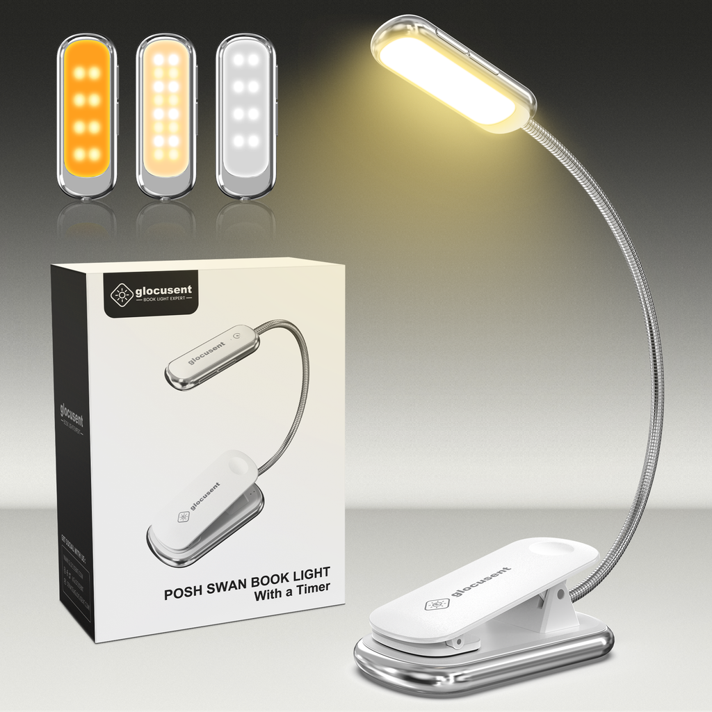 Glocusent Posh Premium Book Light for Reading in Bed with Timer, White