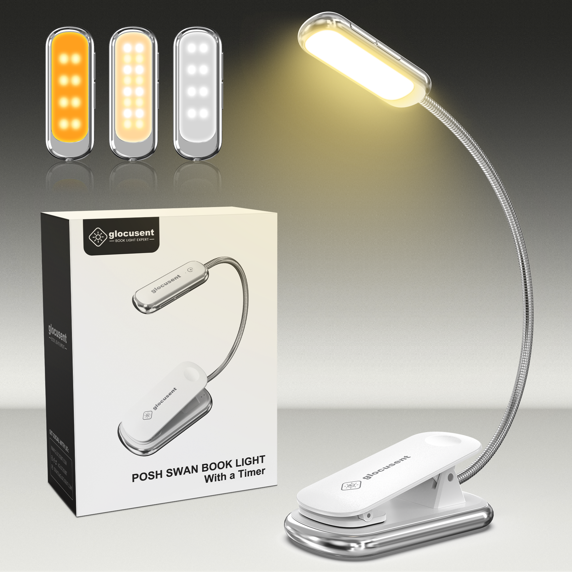 Glocusent Posh Premium Book Light for Reading in Bed with Timer, White