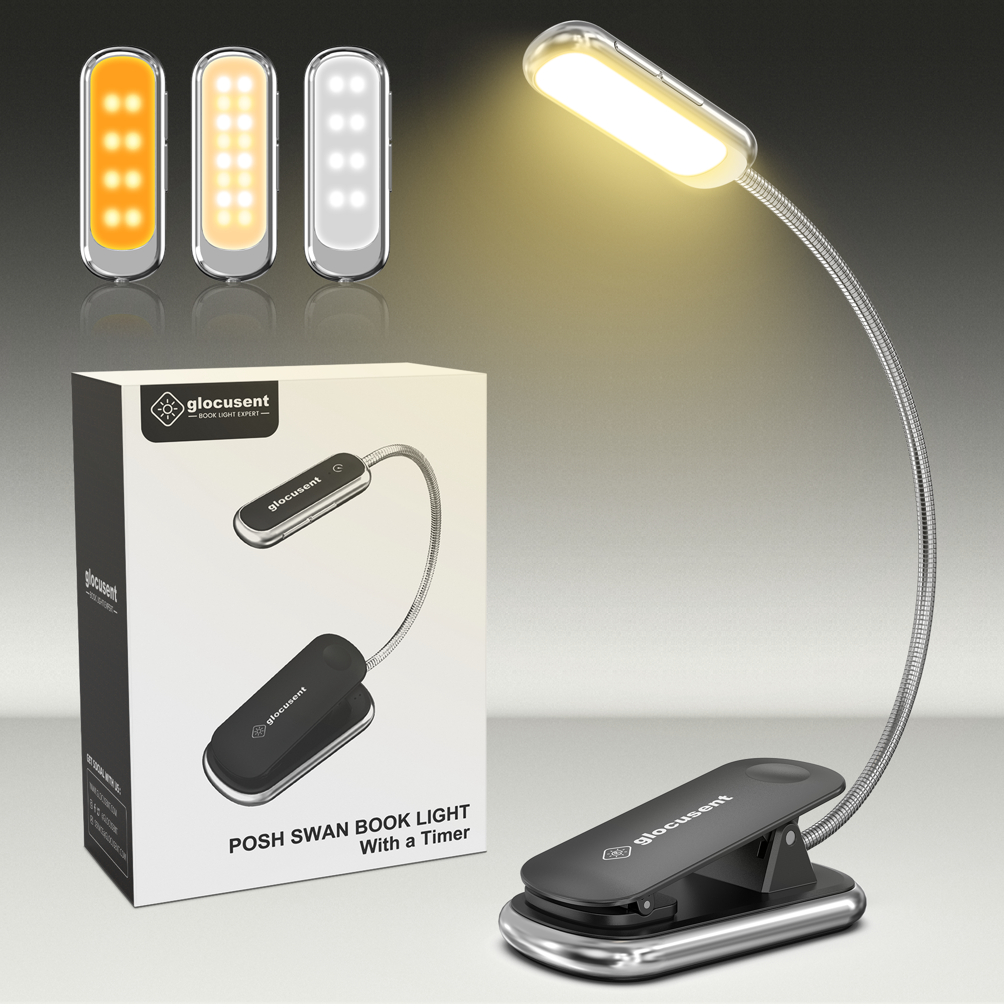 Glocusent Posh Premium Book Light for Reading in Bed with Timer, Black