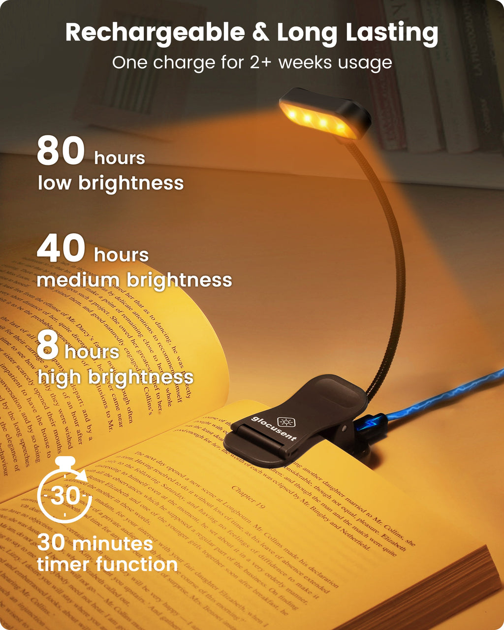 Glocusent Horizontal ET-head Amber Book Light with CRI 95 for Book Lovers