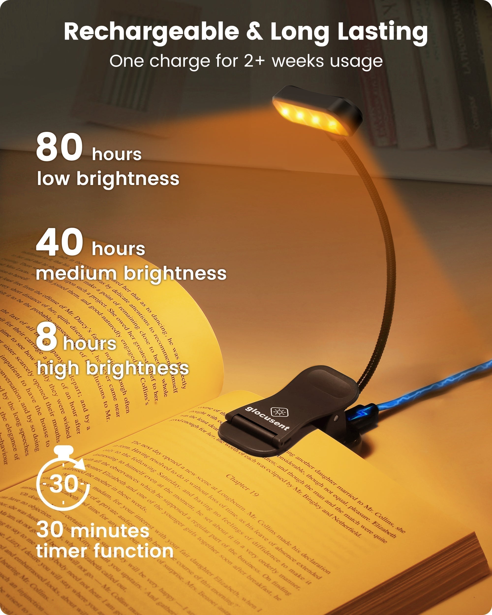Glocusent Horizontal ET-head Amber Book Light with CRI 95 for Book Lovers